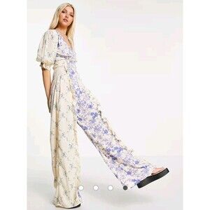 ASOS DESIGN Jumpsuit Size 8  Muticolor Floral puff sleeve trim Coconut Girl